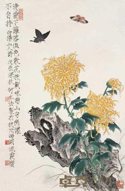 何水法 秋菊蝶恋图 立轴 98×64cm